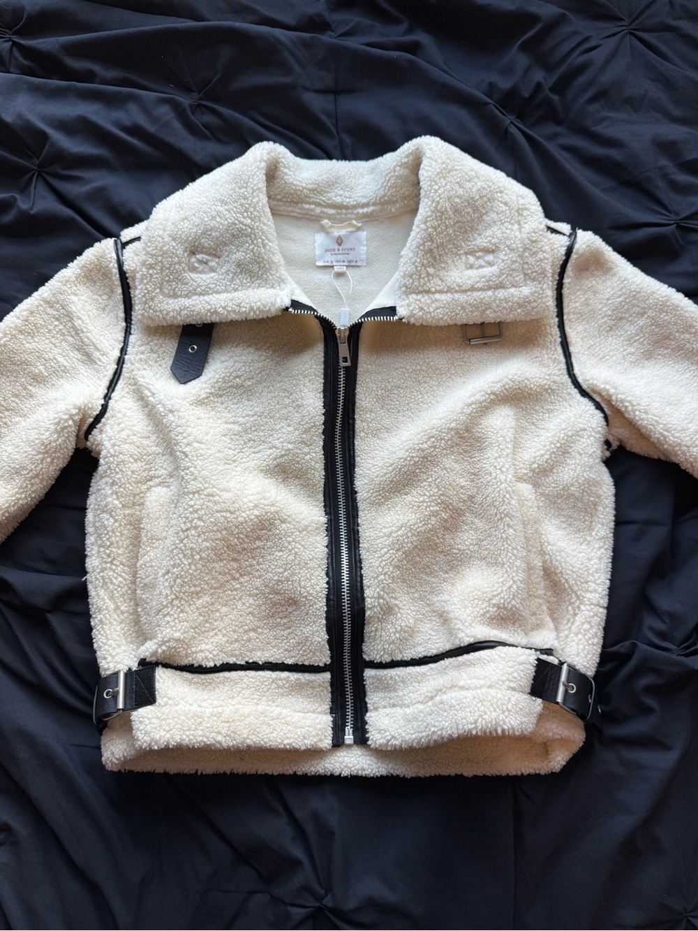 Cream Sherpa Zip Jacket with Black Trim